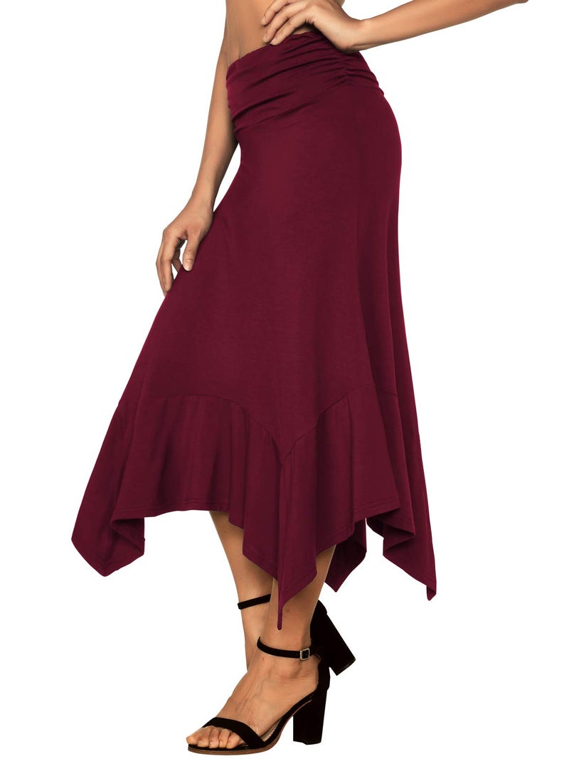 DJT Women's Flowy Handkerchief Hemline Midi Skirt Medium Wine Red - Image 3